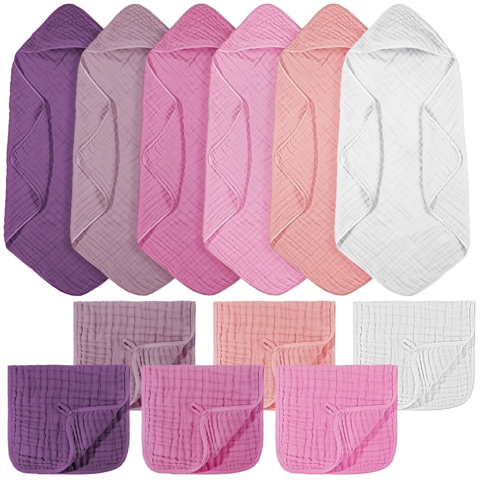 VitalCozy 12 Pcs Baby Muslin Hooded Bath Towels and Washcloths, 32 x 32 Inch ...
