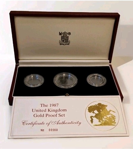 1987 Royal Mint Three Coin-Set Sov Gold Proof Box,Coa and Screw Lid Caps.NO COIN