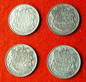 ( Qty 4) Canadian 80% Silver Half Dollars 1940, 39 38, 37, King George VI