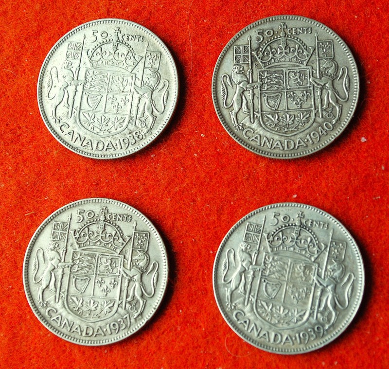 ( Qty 4) Canadian 80% Silver Half Dollars 1940, 39 38, 37, King George VI