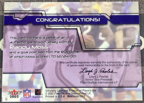 2002 Fleer Maximum Randy Moss Post Pattern Relic - Picture 2 of 2