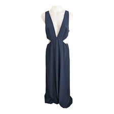 Halston Heritage Size 8 Deep V Neck Shift Maxi Dress Blue Cut Out Sleeveless
