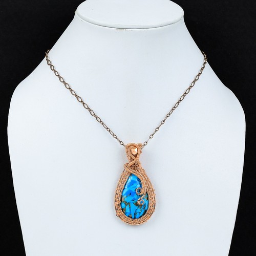 Blue Copper Turquoise Handmade Gemstones Cropper Wire Wrapped Pendant Jewelry - Picture 6 of 6