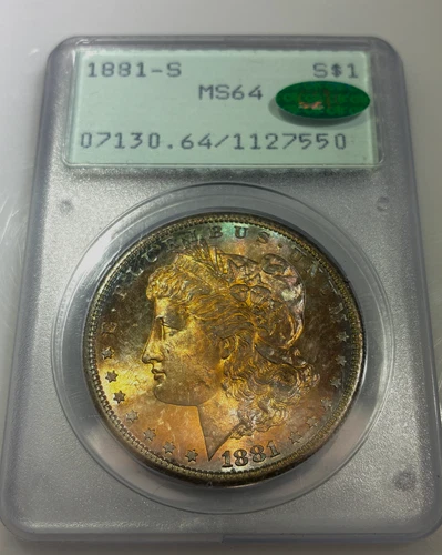 Rainbow Toned Textile  1881 S Morgan Silver Dollar Rattler PCGS MS64 CAC ORANGE!