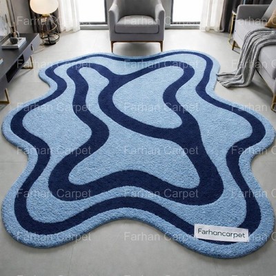 8x10 Ft Handmade Tufted Area Rug Abstract Wavy Design Light Navy & Blue