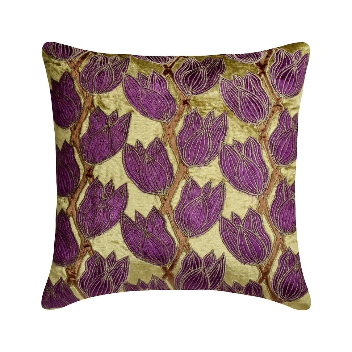 Cushion Cover Green 16"x16", Square Velvet Tulip Applique - Tulip Around