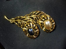 Vintage Large Cindy Adams Rhinestone & Pearl Gold  Tone Floral Spray Brooch