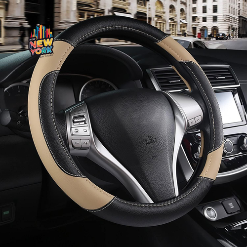 Leather Car Steering Wheel Cover, Non-Slip Cover Protector Beige