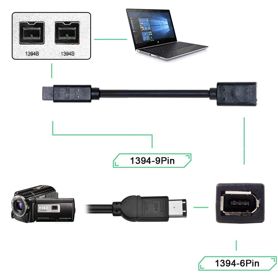 1pc IEEE Cable 1394 6 Pin Female to 1394b 9 Pin Male Firewire 400 to 800 Adapter - Image 4 of 4