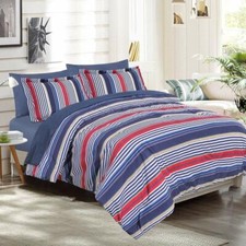 Twin XL Full Queen Bed Navy Blue Red White Striped 7 pc Comforter Set Bedding