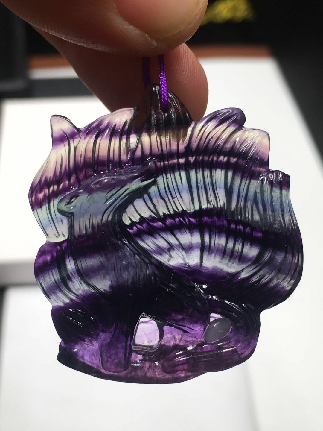 Rainbow Fluorite Quartz Crystal Carved Nine-Tail Fox Pendant