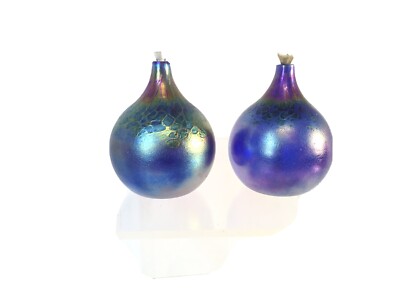 2 Vtg Signed Roger Vines Studio Art Glass Oil Lamps Iridescent Purple Blue Gold
