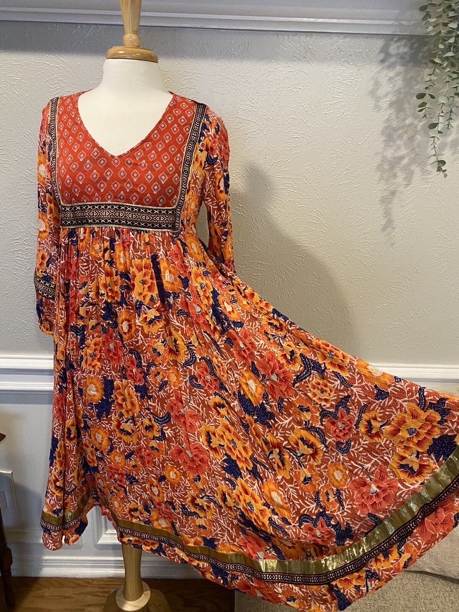 RD + Koko Anthropologie XS Red Floral Midi Boho Peasant Festival Swing Dress