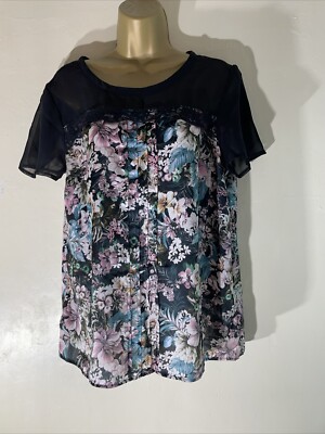 Damen Tu UK 14 schwarz Mix Blumen Satin Kurzarm transparenter Einsatz Bluse Shirt