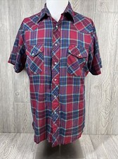 Wrangler Western Shirts Red Short Sleeve Pearl Snap Collared Shirt Mens SZ S