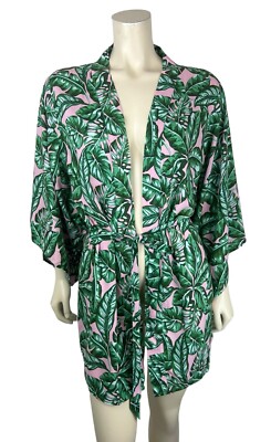 Kenny Flowers Beverly Hills Kimono Coverup Size S Leaf Print Green Pink Tie Swim