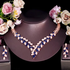 Gold Plated Blue Marquise Zircon Leaf Drop Earrings Necklace Wedding Jewelry Set