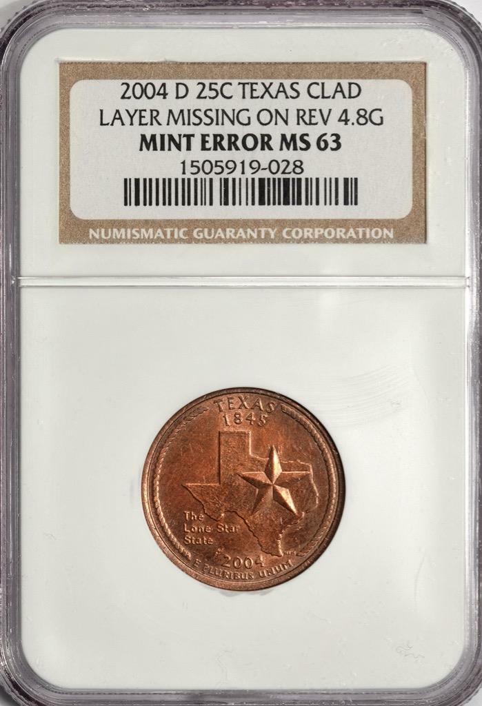2004 D NGC MS63 Missing Clad Layer Texas Quarter Mint Error Copper