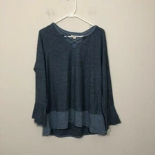 Style & Co Top Women Size M Steel Blue X-Front Bell Sleeve Contrast Hem Top