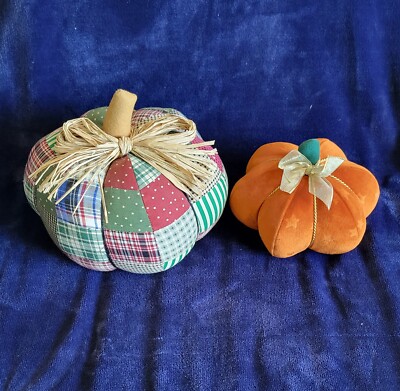 Two Plush Pillow Fall Pumpkins-Orange with Embossed Stars & Quilted Patchwork