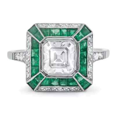 2Ct Asscher Cut Lab-Created Diamond & Emerald Anniversary 14k White Gold FN Ring
