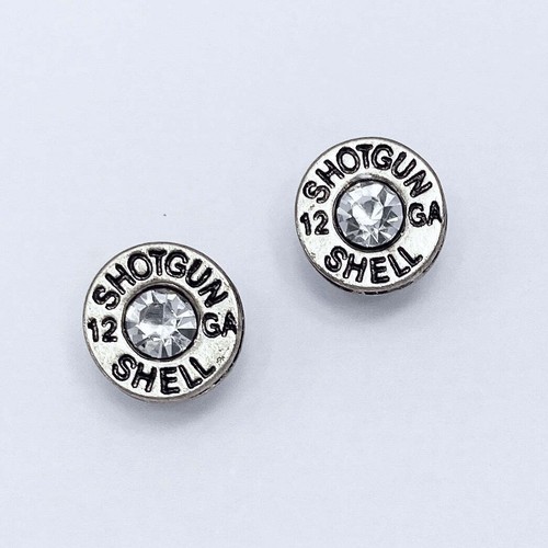 Antique Silver Shotgun Shell 12 GA Engraved Clear Rhinestone Stud Earrings