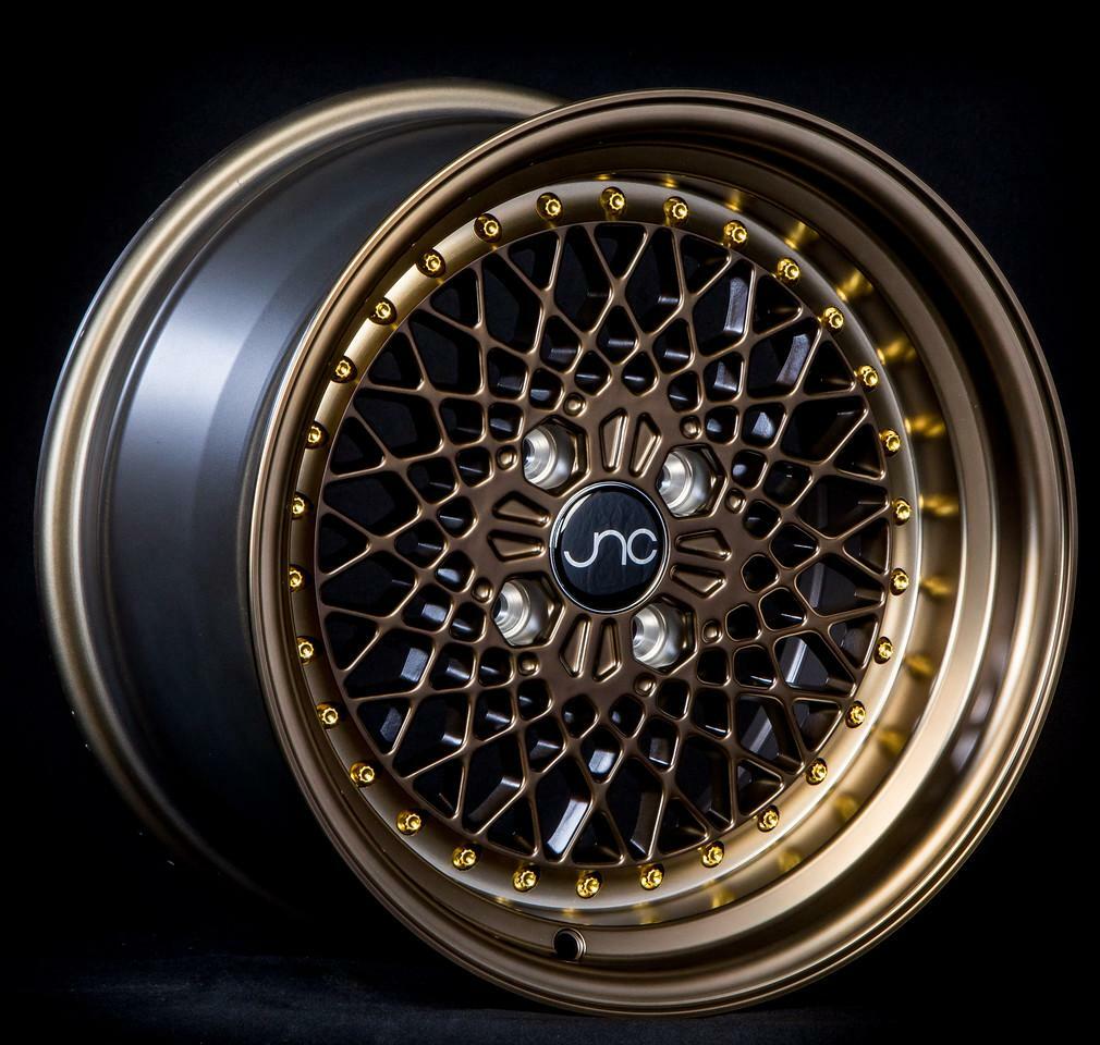 JNC 045 Machined Bronze w/ Gold Rivets 15x8.25 4x100 +10 Wheel/Rim
