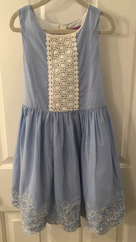 Shrinking Violet Girl’s Size 6X Blue Polka dot, Lace, Embroidered Cotton Dress