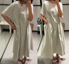 ZARA ZW COLLECTION 100% COTTON LIGHT GREY POPLIN PLEATED MIDI LONG A LINE DRESS