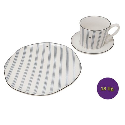 18tlg. Frühstücksservice Iris Blue small Stripes weiß blau Bastion Collections