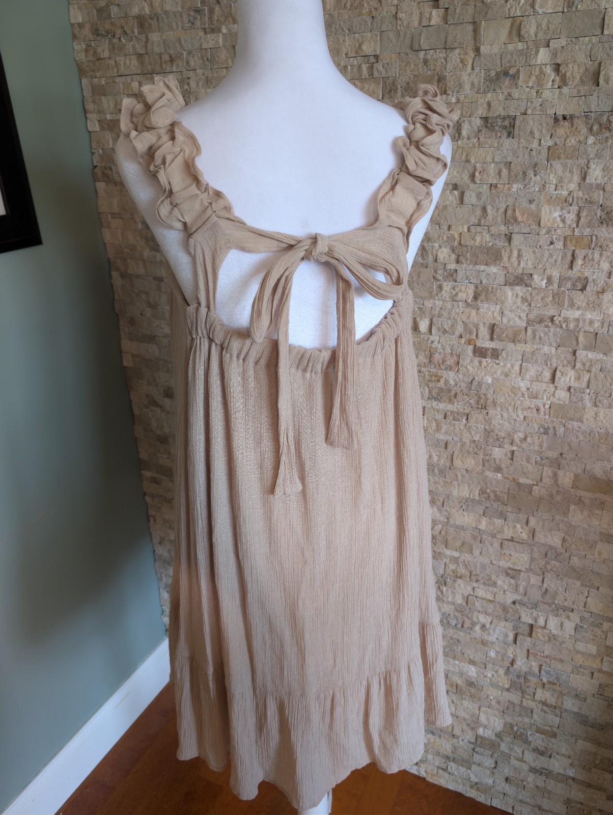 Sweet Wanderer Cream Ruffle Shift Mini Dress Neutral Tiered Bow Tie Back Sz M image 3