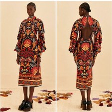 Farm Rio Red Nature Beauty Scarf Backless Midi Dress