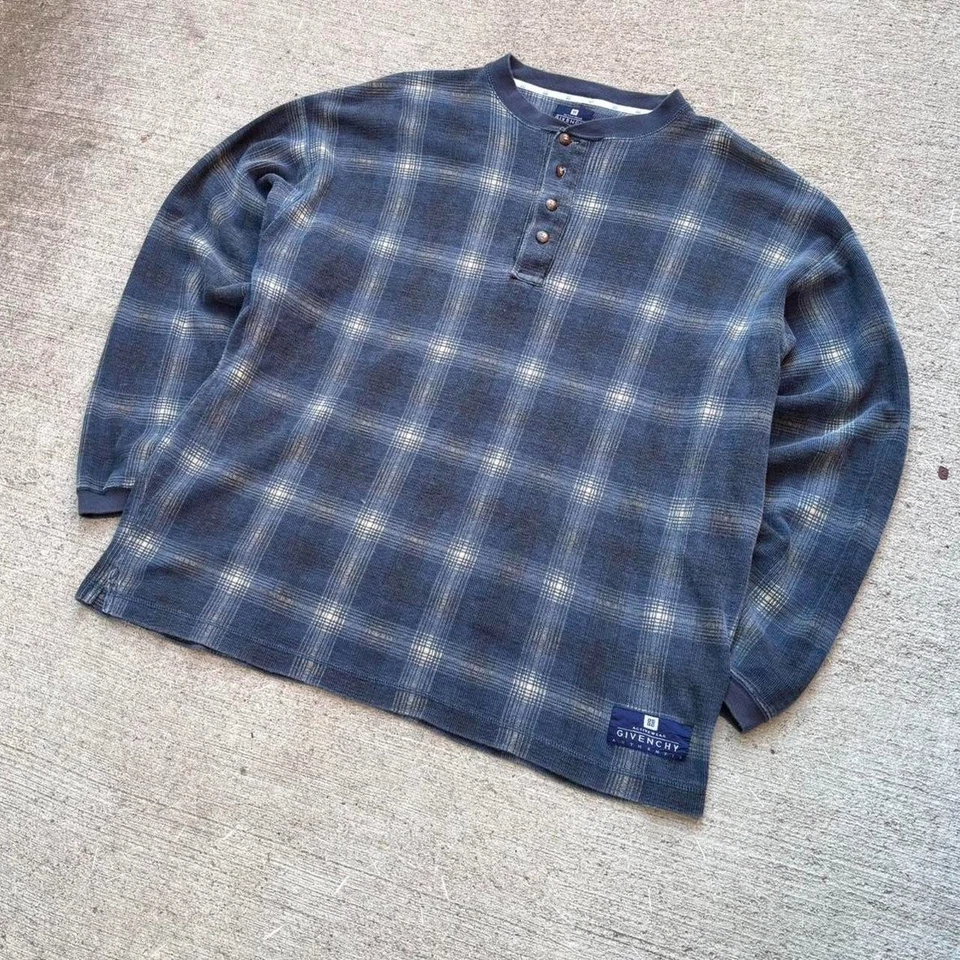 Camisa masculina Givenchy azul marinho xadrez Henley manga longa tamanho grande 100% algodão - Imagem 2 de 4