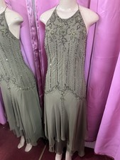 Night Scene Olive Green Beaded Embellished Halter Formal Evening Dress size L