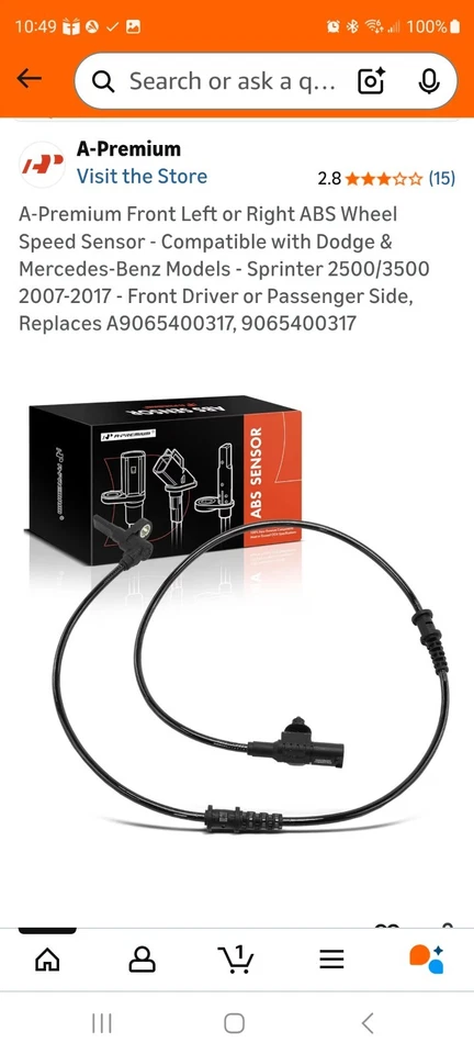 Sensor de velocidad ABS Lt Or Rt Dodge y Mercedes-Benz Sprinter 2500/3500 2007-2017 nuevo Foto 3 de 3