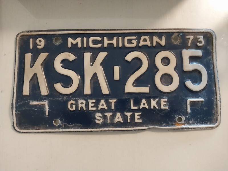 State of Michigan 1973 License Plate KSK-285 Blue White Expired