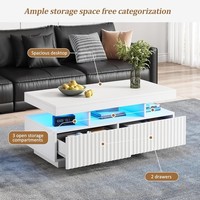 Modern Coffee Table w/ LED Lights & 2 Drawers, Vertical Stripe White 100x50x45cm