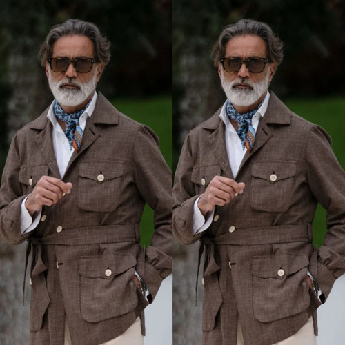 Brown Linen Men Safari Jacket Belted Wedding Summer Outdoor Casual Hunting Coat