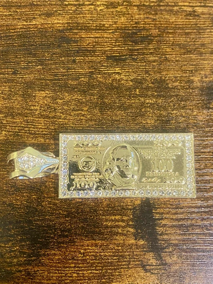 Colgante Benjamin Franklin billete de 100 dólares en efectivo circonita cúbica helada tono oro 14k de lujo Foto 2 de 4