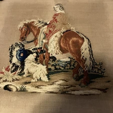19th Century Antique Needlepoint Girl With Pony And Dogs Framed
