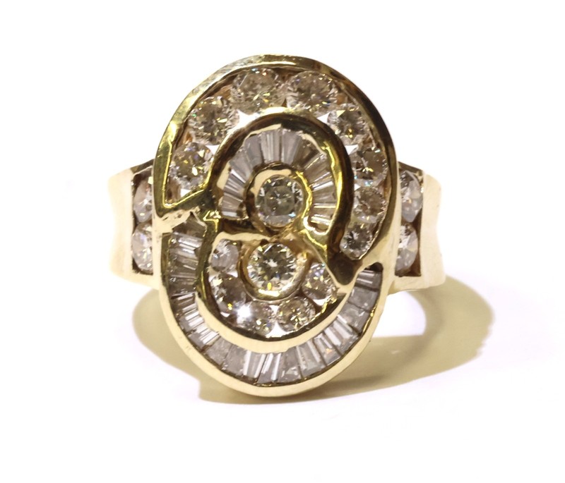 14k yellow gold channel set 2.90ct diamond swirl cluster cocktail ring 13.3g