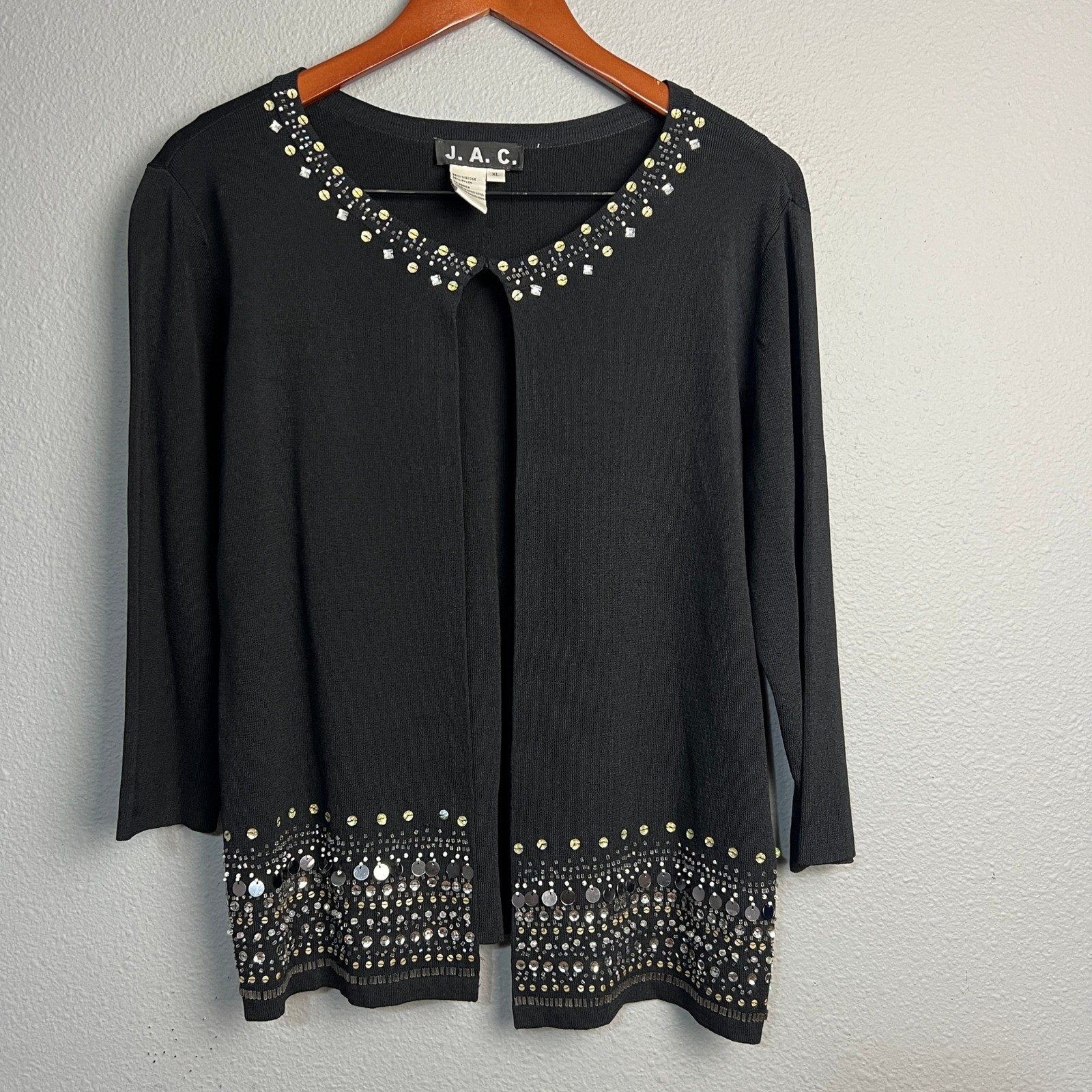 Vtg J.A.C. Black Embellished Cardigan XL Sequin Beaded Elegant Career Granny