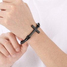 Black Solid Cross ID Bracelet Stainless Steel 6mm Wire Cable Cuff Bangle For Men