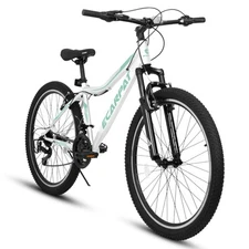 A 26-inch carbon steel frame mountain bike with 21 gears and front suspension.