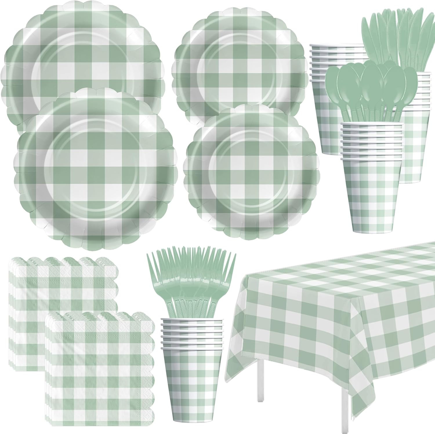 Sage Green Gingham Plates and Napkins Party Supplies, Green Checkered Disposa...