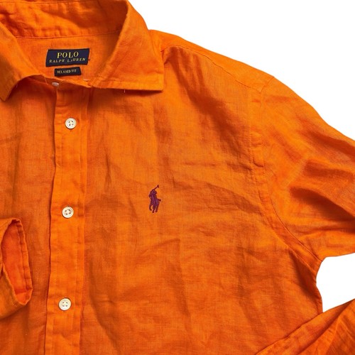 Polo Ralph Lauren Boy’s Large Relaxed Fit 100% Linen Orange Button Down Shirt - Picture 2 of 8