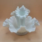 Fenton Hobnail Milk Diamond Lace Ruffled 3 Horn Epergne Vintage