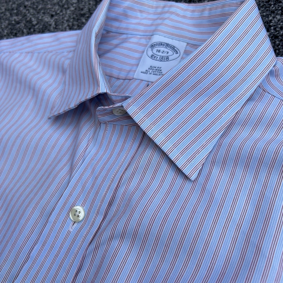 Brookes Brothers Shirt Blue/red Striped Non Iron Slim Fit Mens 16” - Image 1 of 4