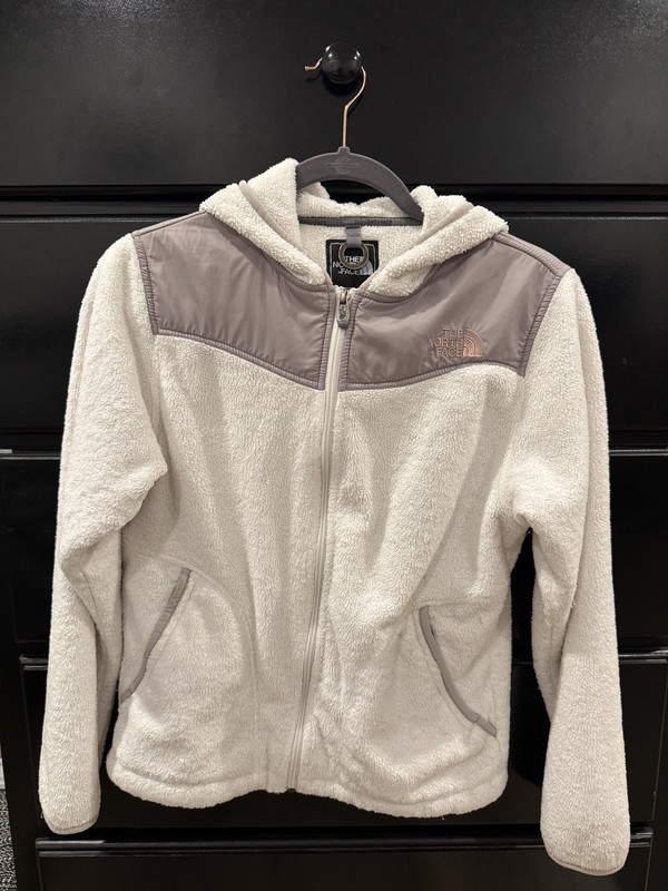 North Face Jacket Women’s Small White Gray Fleece Faux Fur Fuzzy Soft Hooded