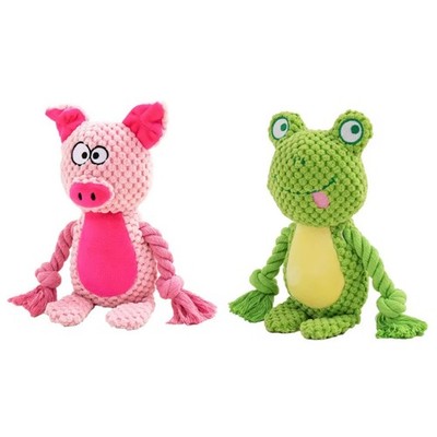 Plush Squeaky Dog Toys, Pig and Frog, Cotton Rope, Pack of 2